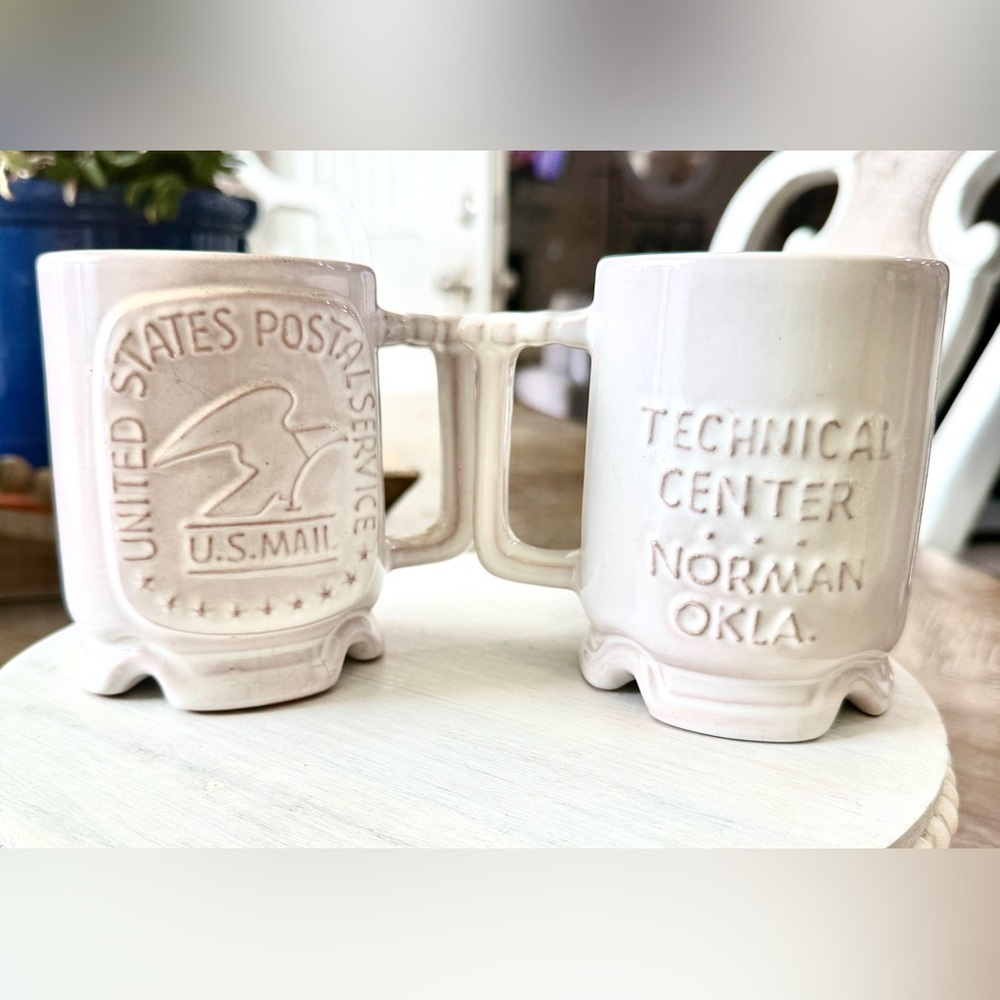 Set of Two Vintage Frankoma Embossed Ceramic US Mail & Technical Center Mugs